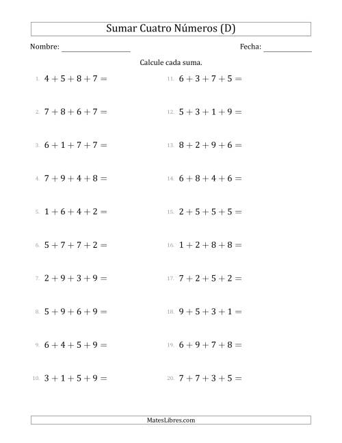 La hoja de ejercicios de Sumar Cuatro Números Horizontalmente (Rango de 1 a 9) (D)