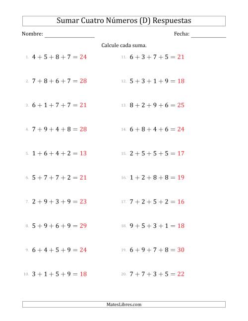 La hoja de ejercicios de Sumar Cuatro Números Horizontalmente (Rango de 1 a 9) (D) Página 2