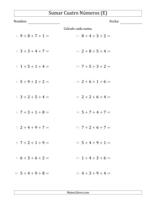 La hoja de ejercicios de Sumar Cuatro Números Horizontalmente (Rango de 1 a 9) (E)