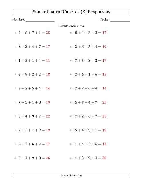 La hoja de ejercicios de Sumar Cuatro Números Horizontalmente (Rango de 1 a 9) (E) Página 2