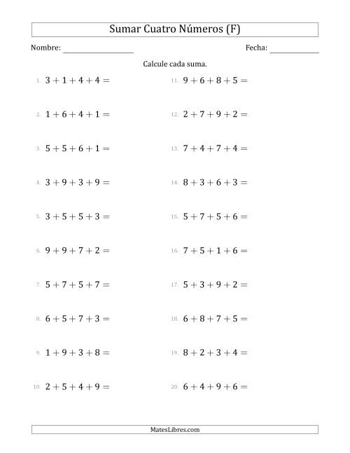 La hoja de ejercicios de Sumar Cuatro Números Horizontalmente (Rango de 1 a 9) (F)