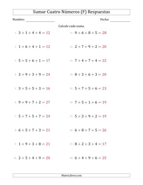 La hoja de ejercicios de Sumar Cuatro Números Horizontalmente (Rango de 1 a 9) (F) Página 2