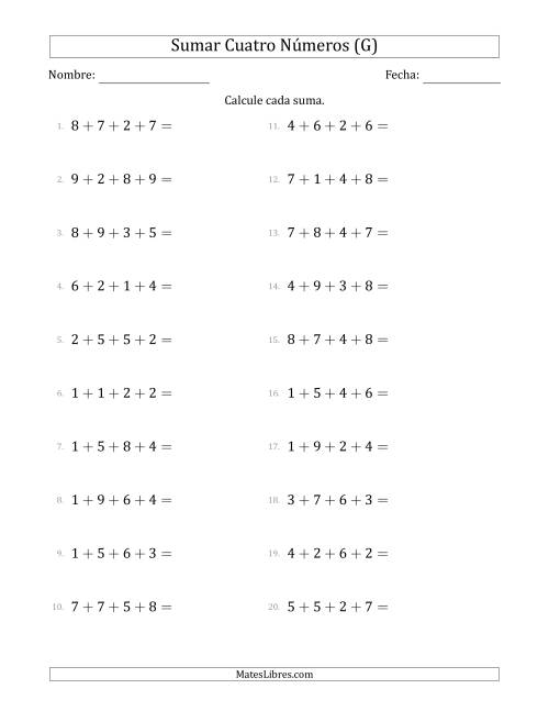 La hoja de ejercicios de Sumar Cuatro Números Horizontalmente (Rango de 1 a 9) (G)