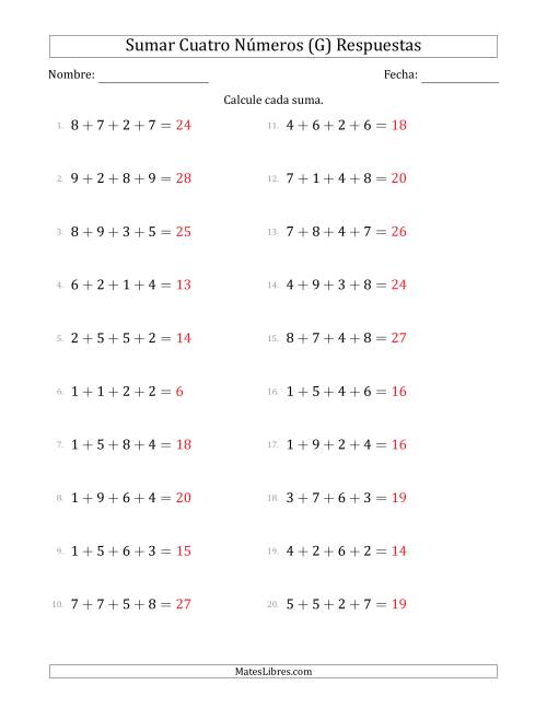La hoja de ejercicios de Sumar Cuatro Números Horizontalmente (Rango de 1 a 9) (G) Página 2
