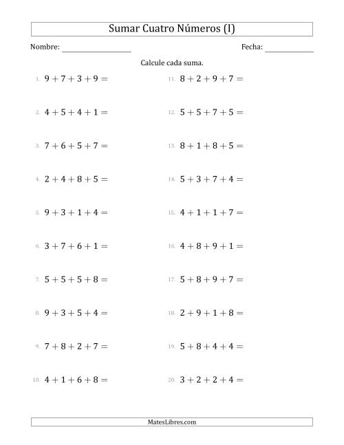 La hoja de ejercicios de Sumar Cuatro Números Horizontalmente (Rango de 1 a 9) (I)