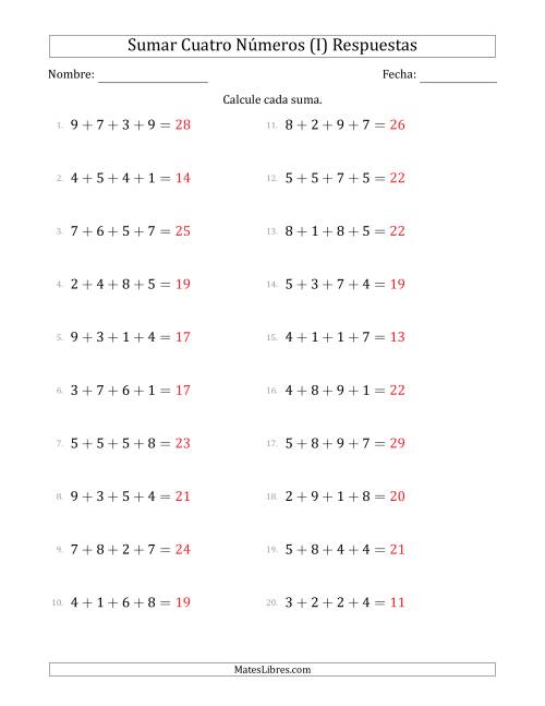 La hoja de ejercicios de Sumar Cuatro Números Horizontalmente (Rango de 1 a 9) (I) Página 2