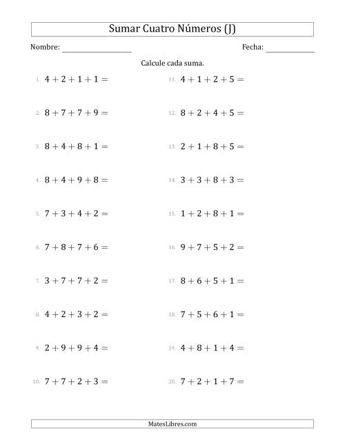 La hoja de ejercicios de Sumar Cuatro Números Horizontalmente (Rango de 1 a 9) (J)