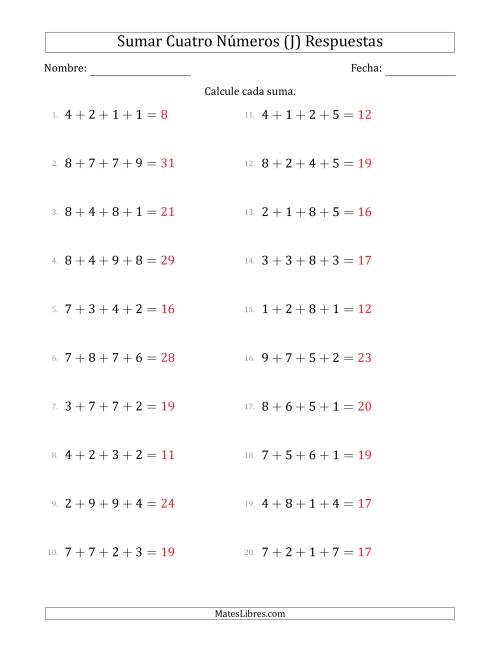 La hoja de ejercicios de Sumar Cuatro Números Horizontalmente (Rango de 1 a 9) (J) Página 2