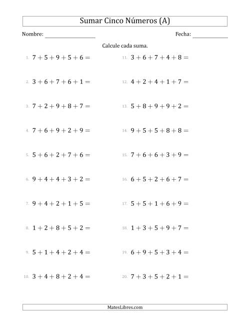 La hoja de ejercicios de Sumar Cinco Números Horizontalmente (Rango de 1 a 9) (A)