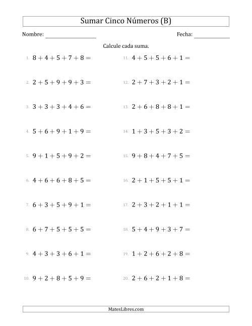 La hoja de ejercicios de Sumar Cinco Números Horizontalmente (Rango de 1 a 9) (B)