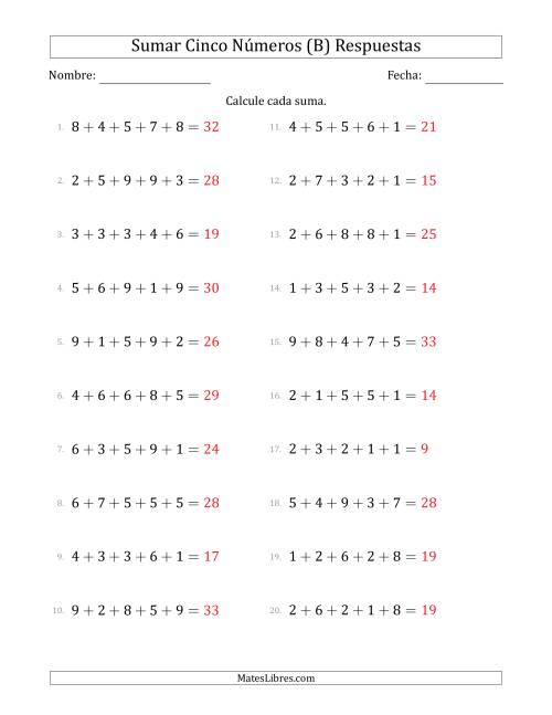 La hoja de ejercicios de Sumar Cinco Números Horizontalmente (Rango de 1 a 9) (B) Página 2