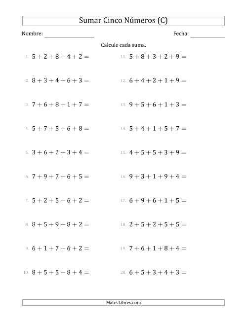 La hoja de ejercicios de Sumar Cinco Números Horizontalmente (Rango de 1 a 9) (C)