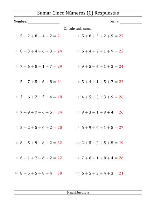 La hoja de ejercicios de Sumar Cinco Números Horizontalmente (Rango de 1 a 9) (C) Página 2