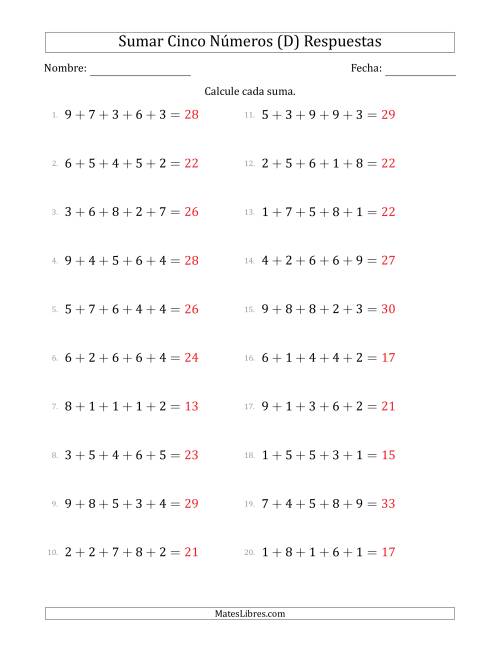 La hoja de ejercicios de Sumar Cinco Números Horizontalmente (Rango de 1 a 9) (D) Página 2