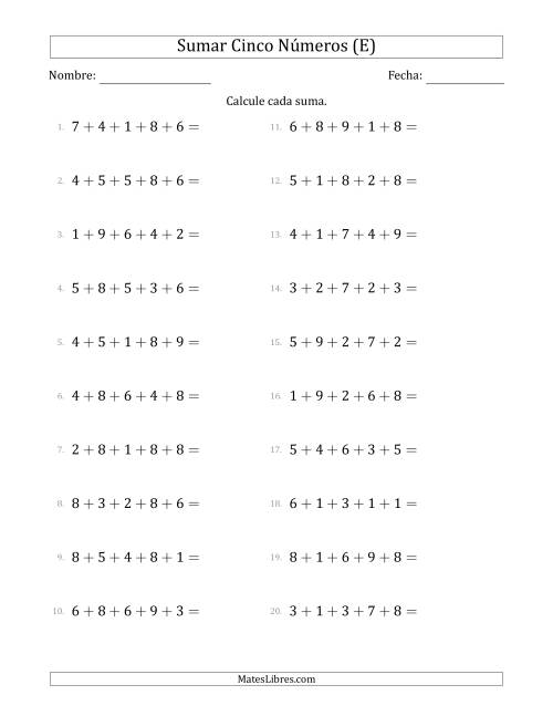 La hoja de ejercicios de Sumar Cinco Números Horizontalmente (Rango de 1 a 9) (E)