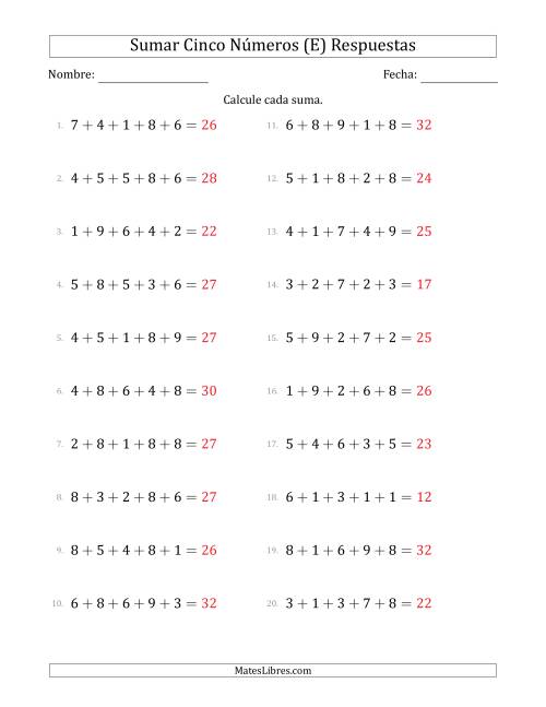 La hoja de ejercicios de Sumar Cinco Números Horizontalmente (Rango de 1 a 9) (E) Página 2