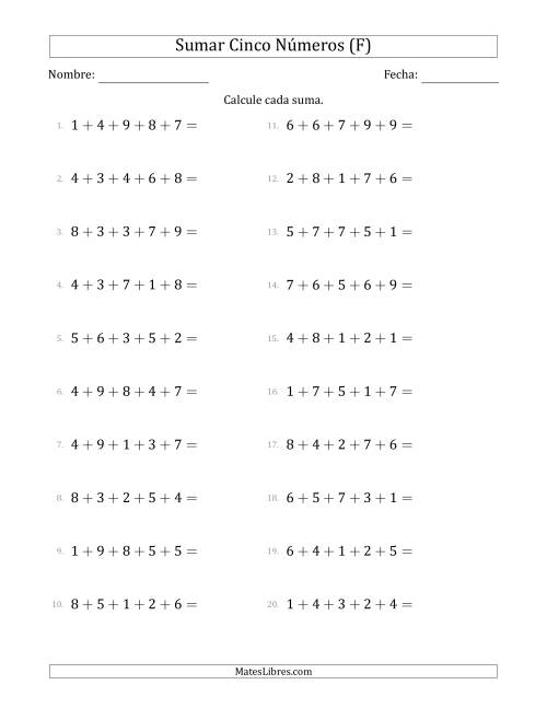 La hoja de ejercicios de Sumar Cinco Números Horizontalmente (Rango de 1 a 9) (F)