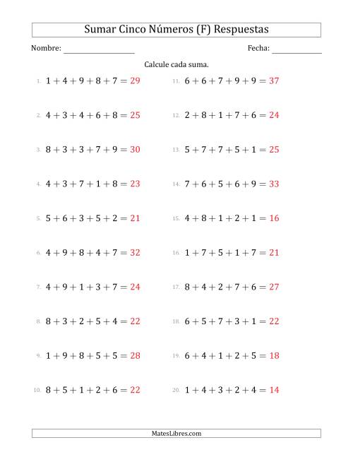 La hoja de ejercicios de Sumar Cinco Números Horizontalmente (Rango de 1 a 9) (F) Página 2
