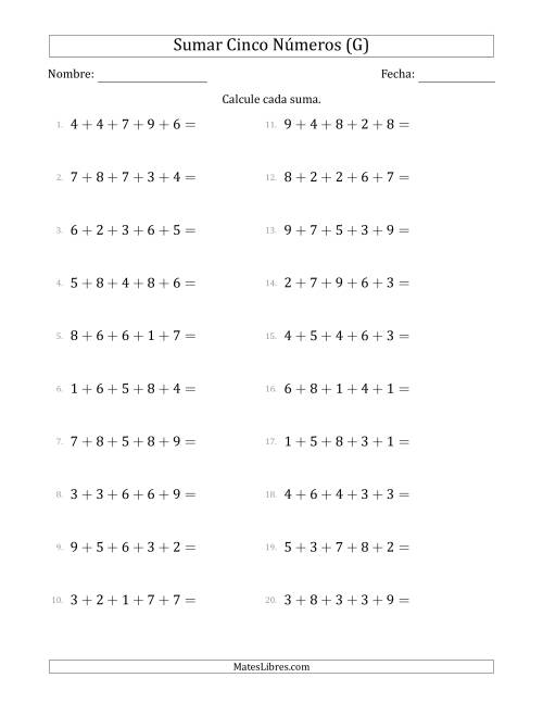 La hoja de ejercicios de Sumar Cinco Números Horizontalmente (Rango de 1 a 9) (G)
