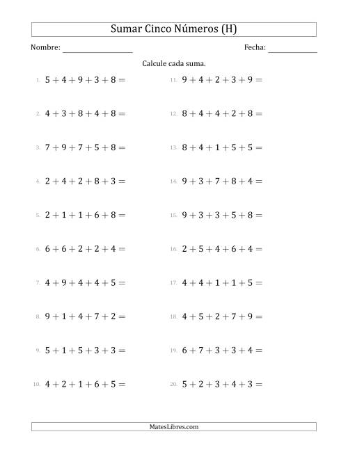 La hoja de ejercicios de Sumar Cinco Números Horizontalmente (Rango de 1 a 9) (H)