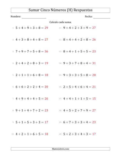 La hoja de ejercicios de Sumar Cinco Números Horizontalmente (Rango de 1 a 9) (H) Página 2