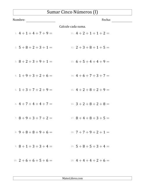 La hoja de ejercicios de Sumar Cinco Números Horizontalmente (Rango de 1 a 9) (I)