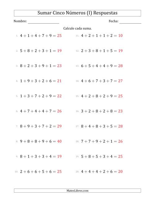La hoja de ejercicios de Sumar Cinco Números Horizontalmente (Rango de 1 a 9) (I) Página 2