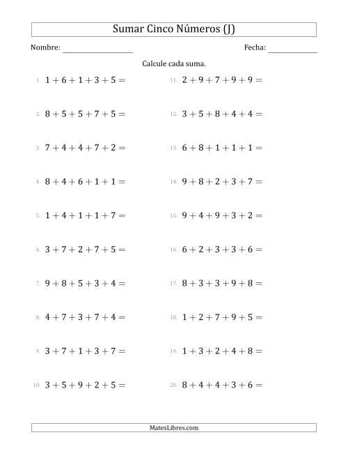 La hoja de ejercicios de Sumar Cinco Números Horizontalmente (Rango de 1 a 9) (J)