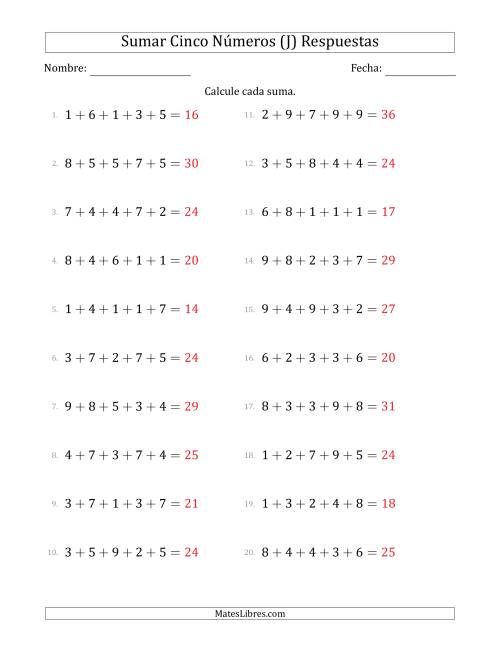 La hoja de ejercicios de Sumar Cinco Números Horizontalmente (Rango de 1 a 9) (J) Página 2