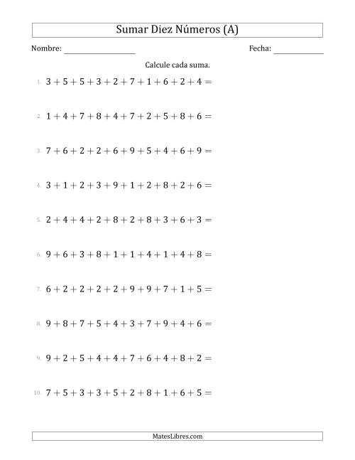 La hoja de ejercicios de Sumar Diez Números Horizontalmente (Rango de 1 a 9) (A)