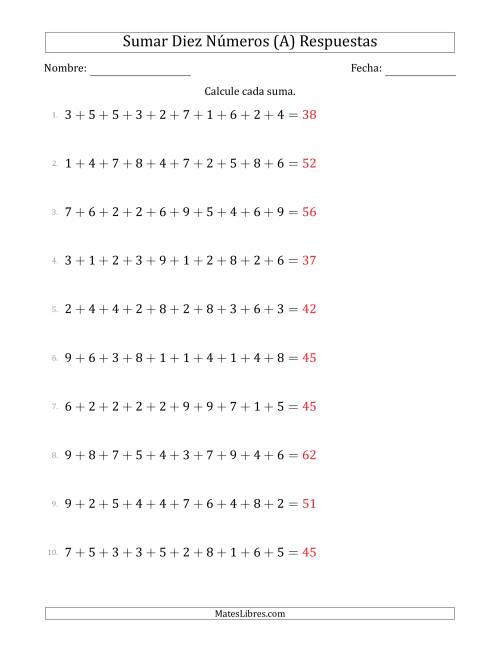 La hoja de ejercicios de Sumar Diez Números Horizontalmente (Rango de 1 a 9) (A) Página 2