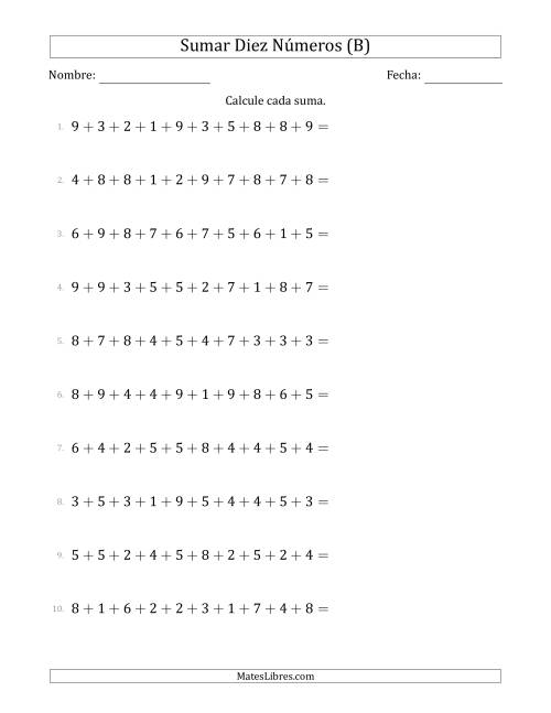 La hoja de ejercicios de Sumar Diez Números Horizontalmente (Rango de 1 a 9) (B)