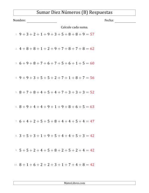 La hoja de ejercicios de Sumar Diez Números Horizontalmente (Rango de 1 a 9) (B) Página 2