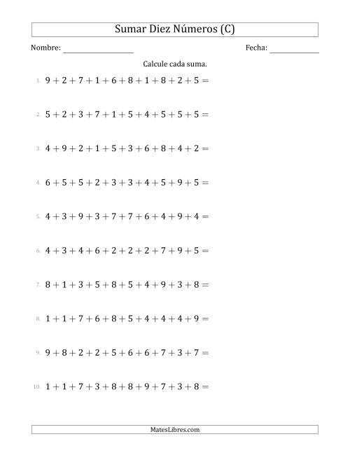 La hoja de ejercicios de Sumar Diez Números Horizontalmente (Rango de 1 a 9) (C)