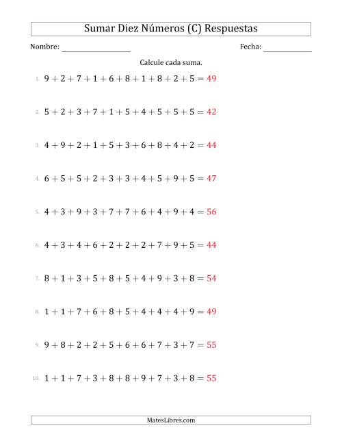 La hoja de ejercicios de Sumar Diez Números Horizontalmente (Rango de 1 a 9) (C) Página 2
