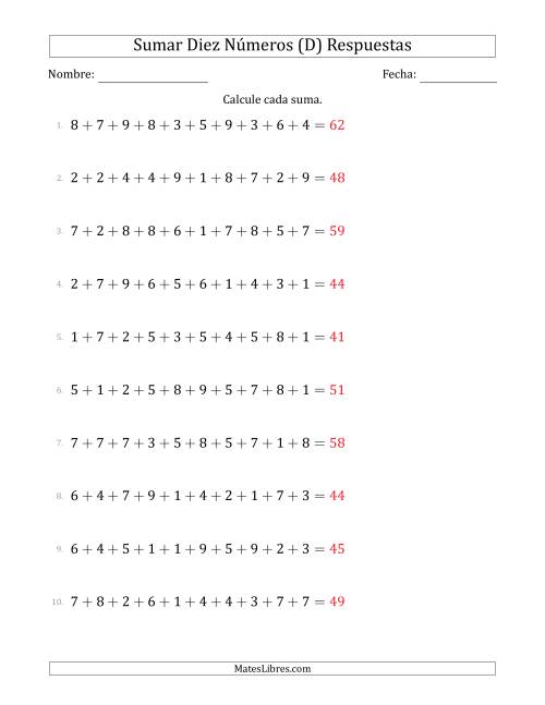 La hoja de ejercicios de Sumar Diez Números Horizontalmente (Rango de 1 a 9) (D) Página 2