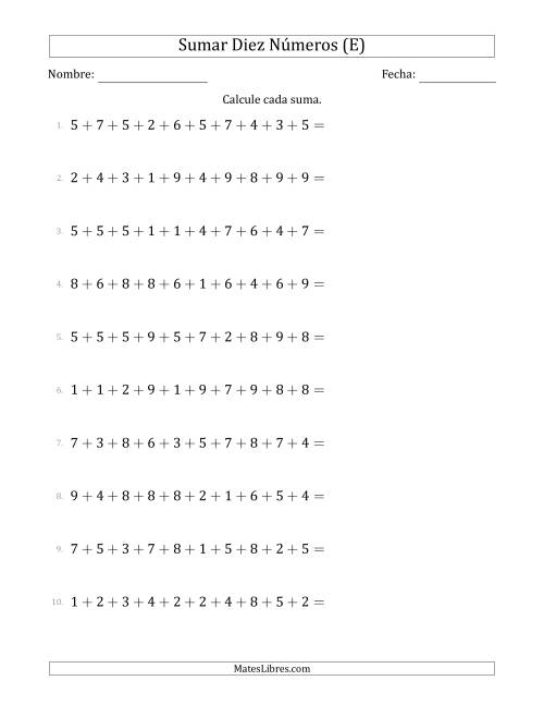 La hoja de ejercicios de Sumar Diez Números Horizontalmente (Rango de 1 a 9) (E)