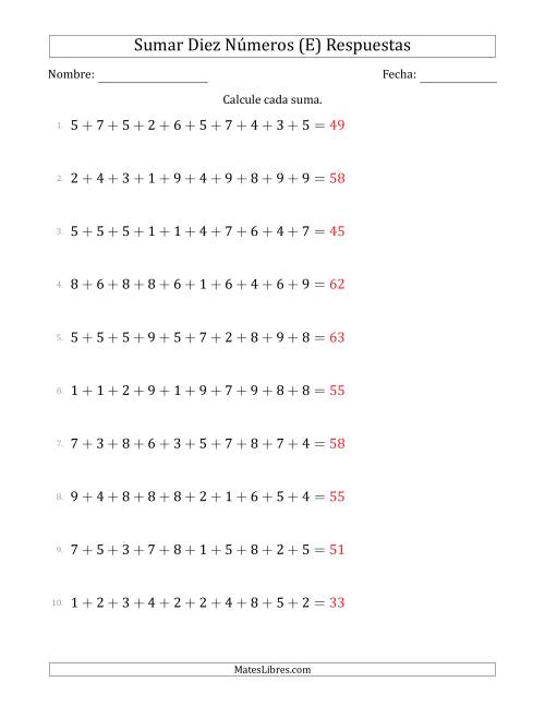 La hoja de ejercicios de Sumar Diez Números Horizontalmente (Rango de 1 a 9) (E) Página 2