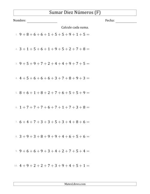 La hoja de ejercicios de Sumar Diez Números Horizontalmente (Rango de 1 a 9) (F)
