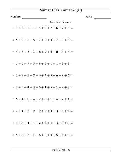 La hoja de ejercicios de Sumar Diez Números Horizontalmente (Rango de 1 a 9) (G)