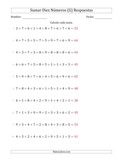 La hoja de ejercicios de Sumar Diez Números Horizontalmente (Rango de 1 a 9) (G) Página 2