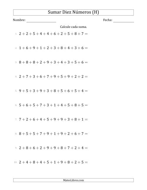La hoja de ejercicios de Sumar Diez Números Horizontalmente (Rango de 1 a 9) (H)
