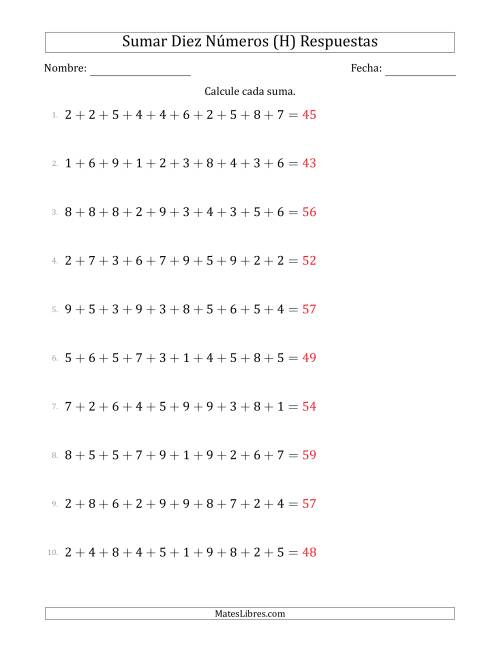 La hoja de ejercicios de Sumar Diez Números Horizontalmente (Rango de 1 a 9) (H) Página 2