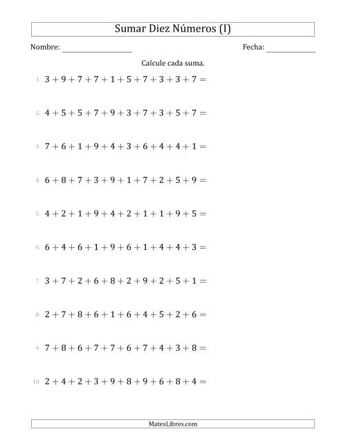 La hoja de ejercicios de Sumar Diez Números Horizontalmente (Rango de 1 a 9) (I)