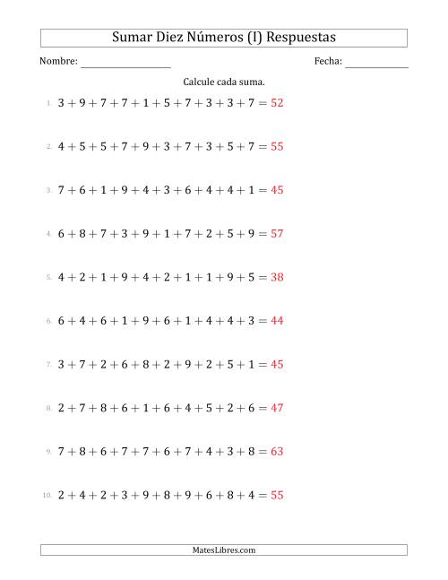 La hoja de ejercicios de Sumar Diez Números Horizontalmente (Rango de 1 a 9) (I) Página 2