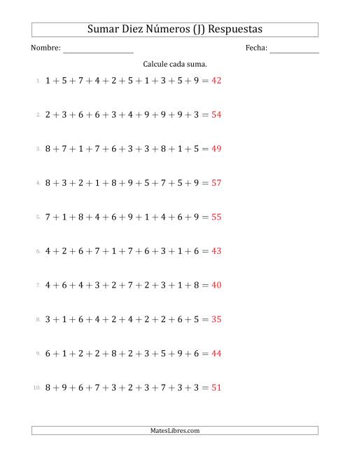 La hoja de ejercicios de Sumar Diez Números Horizontalmente (Rango de 1 a 9) (J) Página 2