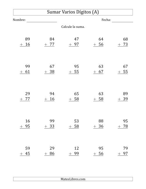 La hoja de ejercicios de Sumas de 2 Dígitos más 2 Dígitos con Acarreo en Todas las Preguntas (A)