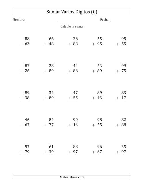 La hoja de ejercicios de Sumas de 2 Dígitos más 2 Dígitos con Acarreo en Todas las Preguntas (C)