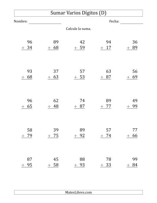 La hoja de ejercicios de Sumas de 2 Dígitos más 2 Dígitos con Acarreo en Todas las Preguntas (D)