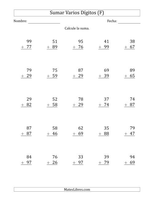 La hoja de ejercicios de Sumas de 2 Dígitos más 2 Dígitos con Acarreo en Todas las Preguntas (F)